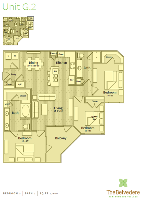 Floor plan for 3 beds, 2 baths, 1400 sqft